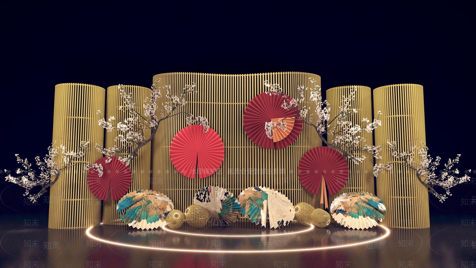 新中式DP互动合影桃花剪纸折扇油纸伞美陈3D模型下载【ID:1161063342】