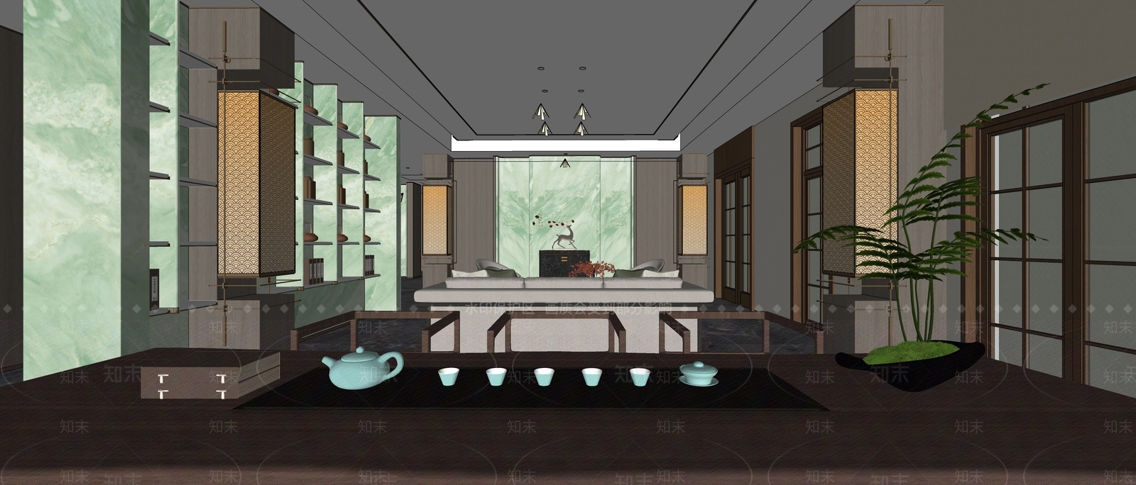 新中式会所一层接待区SU模型下载【ID:1161071595】
