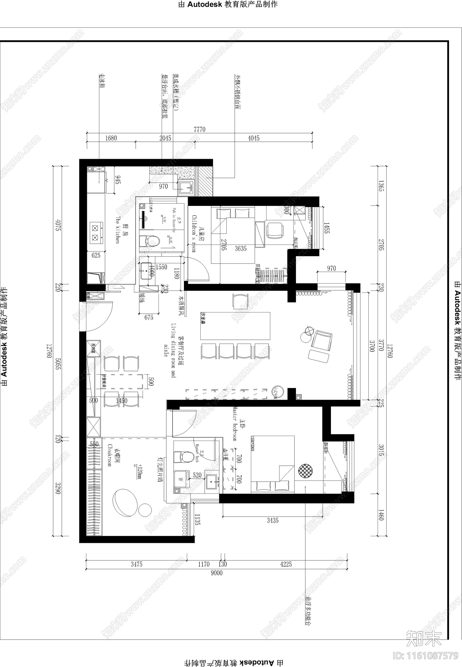 100三房布局平面施工图下载【ID:1161087579】