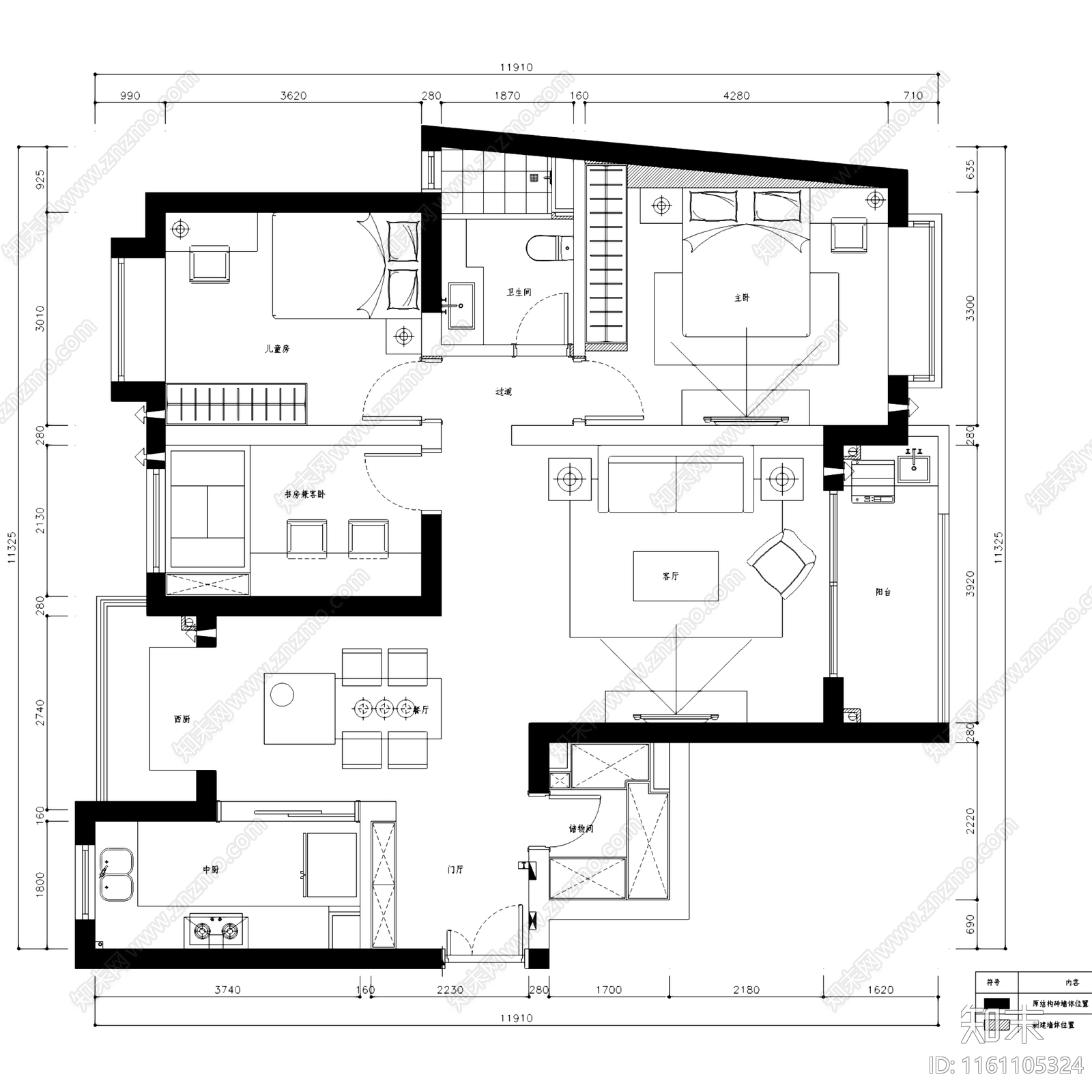 简欧北欧宏润国际花园三室两厅一卫平层室内家装cad施工图下载【ID:1161105324】