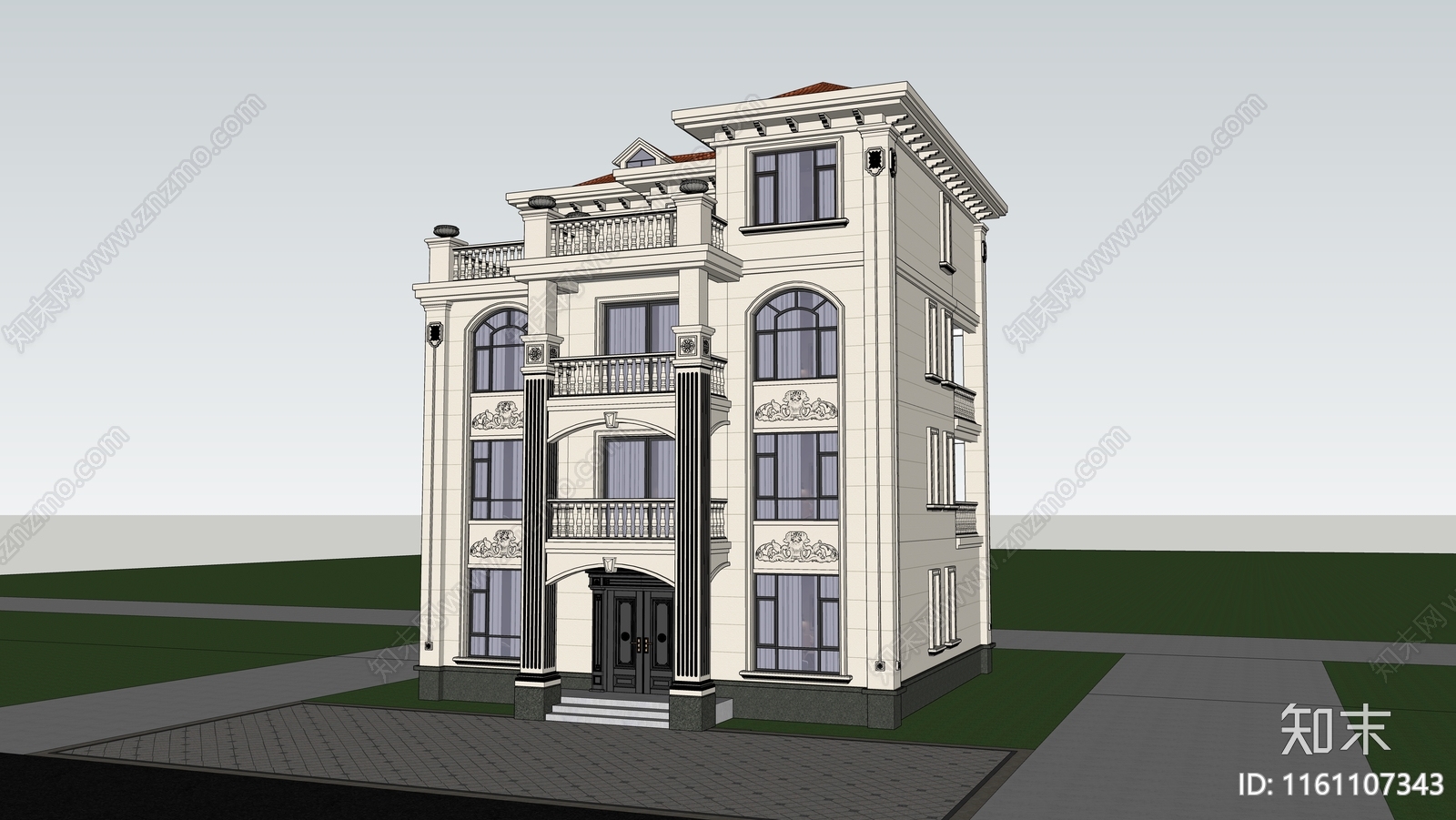 欧式四层三开间独栋别墅SU模型下载【ID:1161107343】