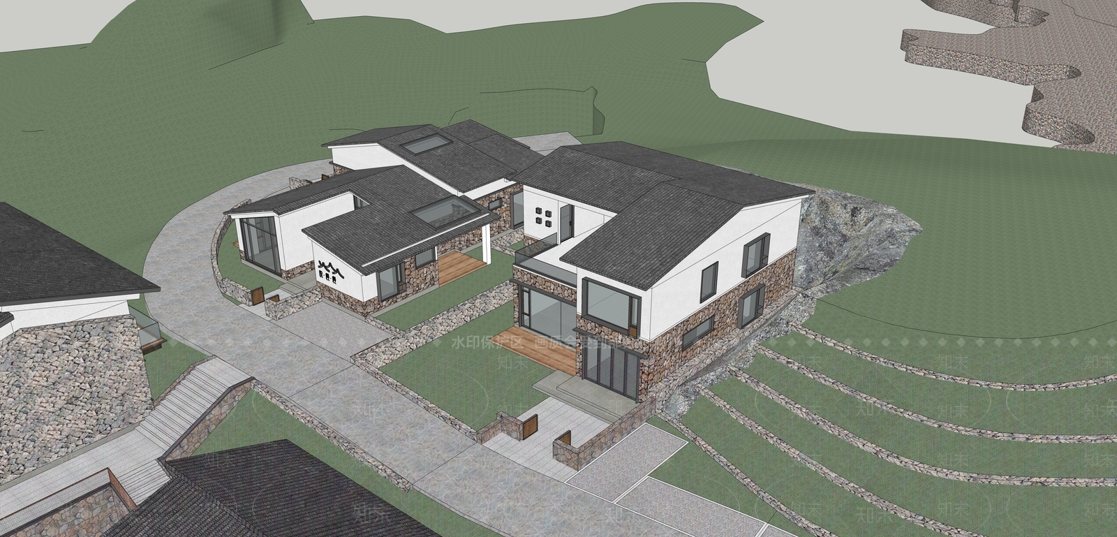 新中式乡村民宿建筑SU模型下载【ID:1161114767】