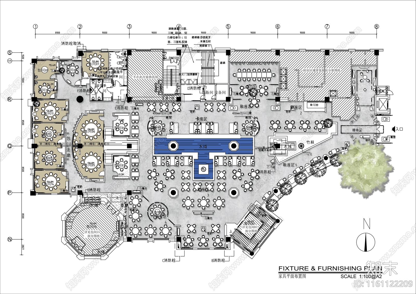 2000㎡酒店景观餐厅平面布局方案施工图下载【ID:1161122209】