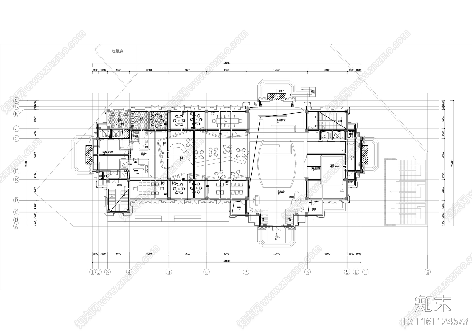 接待中心会所平面图cad施工图下载【ID:1161124673】