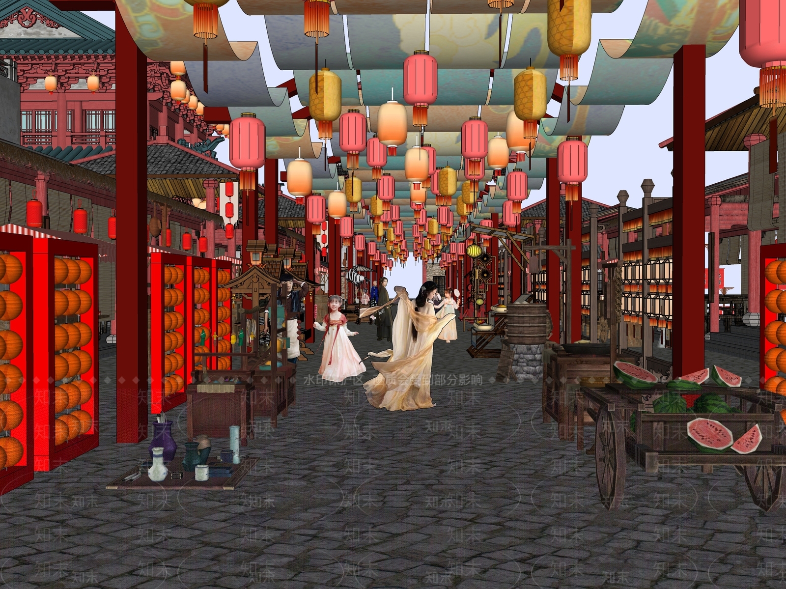 中式国潮古风灯会集市摆摊SU模型下载【ID:1161125326】