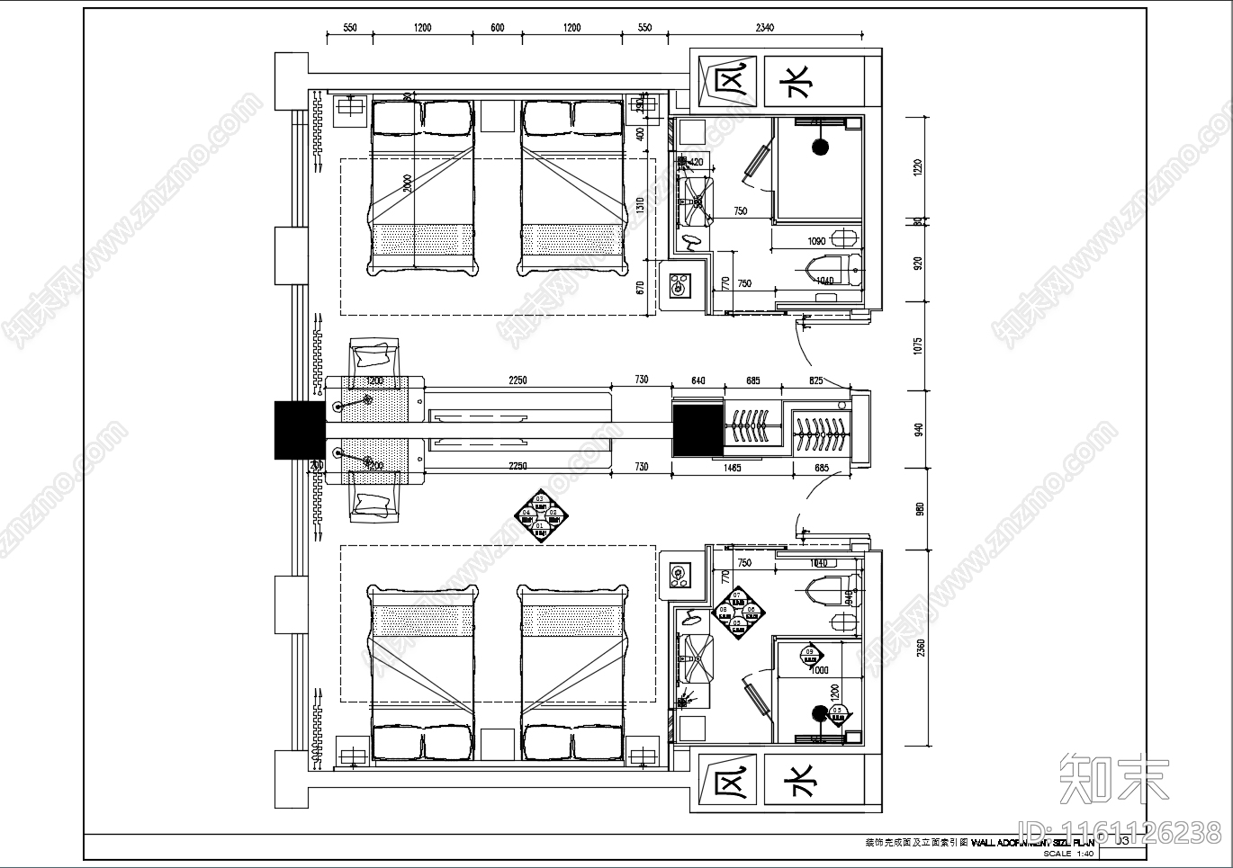 双人房整cad施工图下载【ID:1161126238】