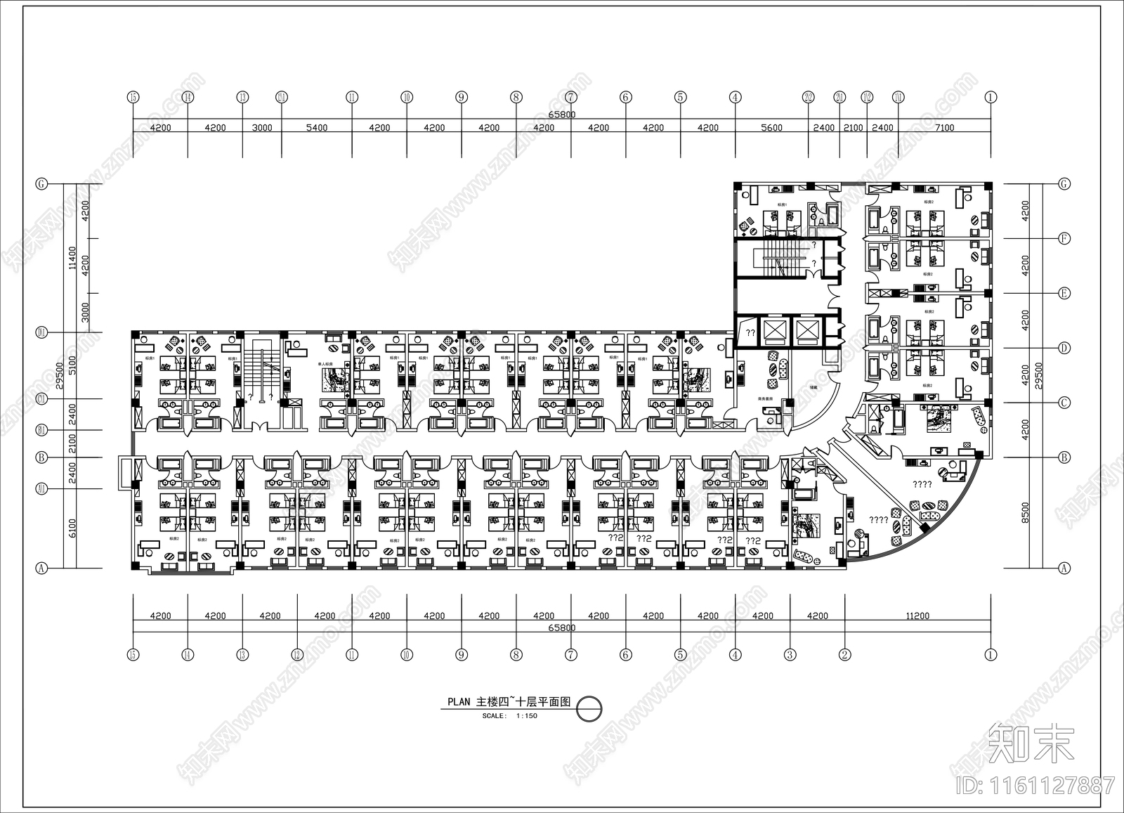 十层星级大酒店平面布局方案cad施工图下载【ID:1161127887】