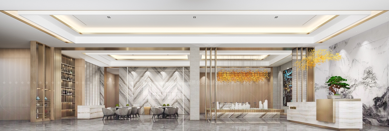 新中式售楼部沙盘接待区3D模型下载【ID:1161128211】