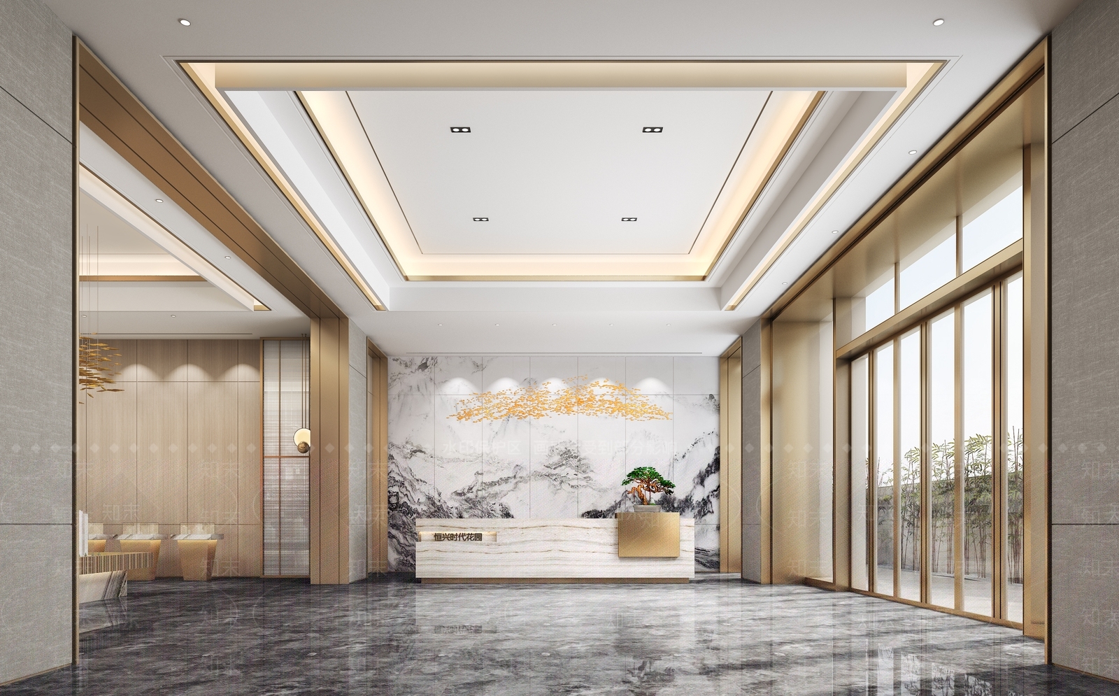 新中式售楼部沙盘接待区3D模型下载【ID:1161128299】