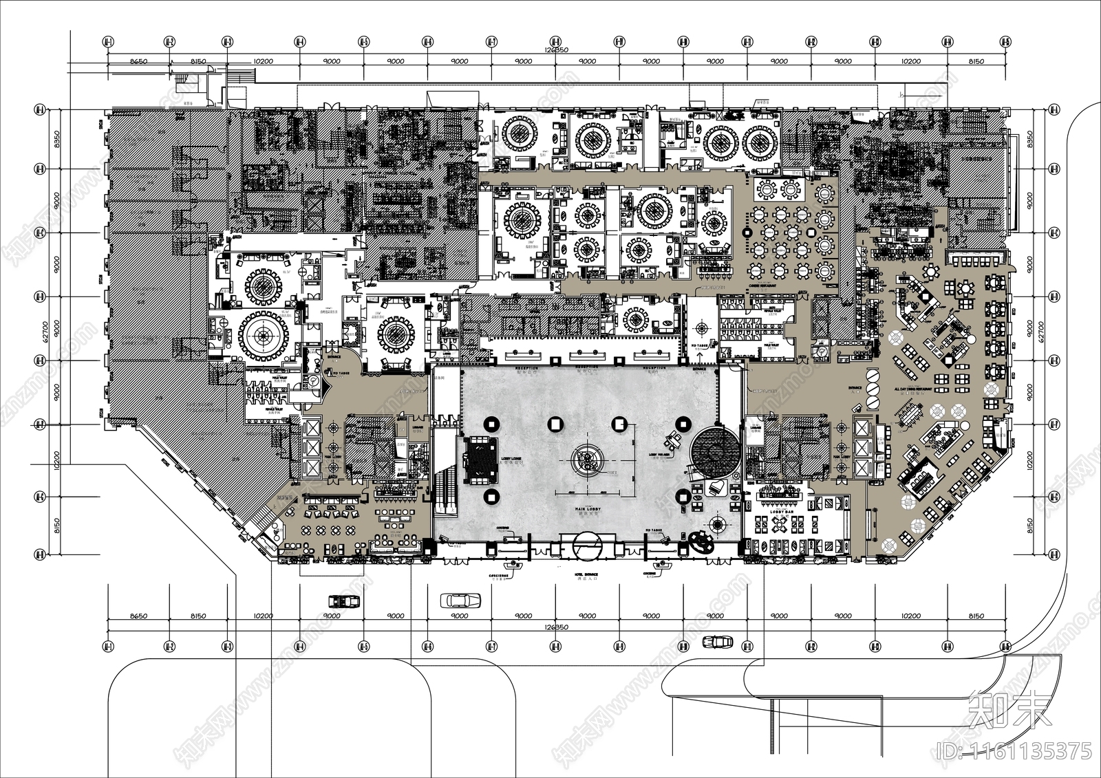 国际酒店一层大堂餐厅平面布局方案cad施工图下载【ID:1161135375】
