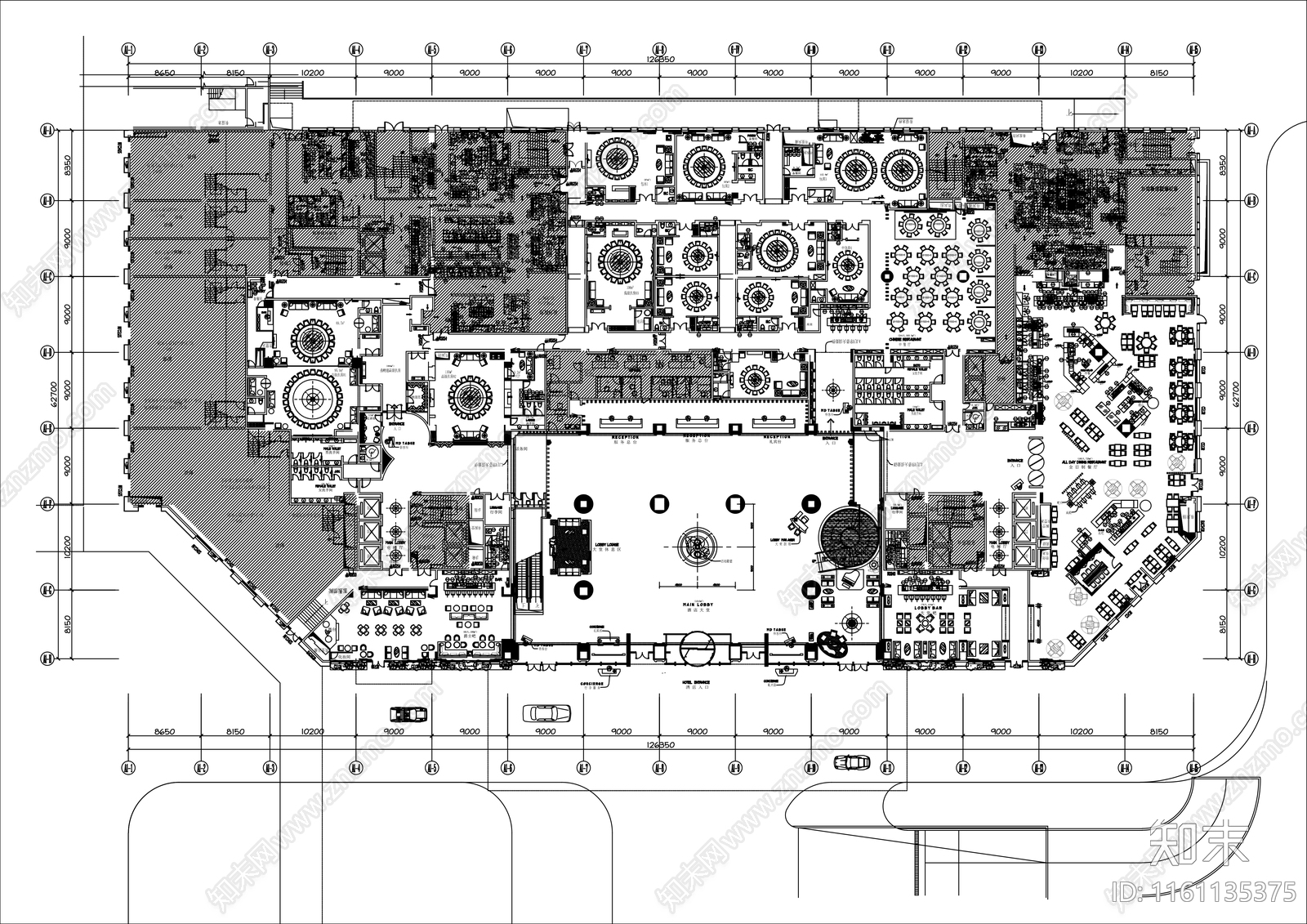 国际酒店一层大堂餐厅平面布局方案cad施工图下载【ID:1161135375】