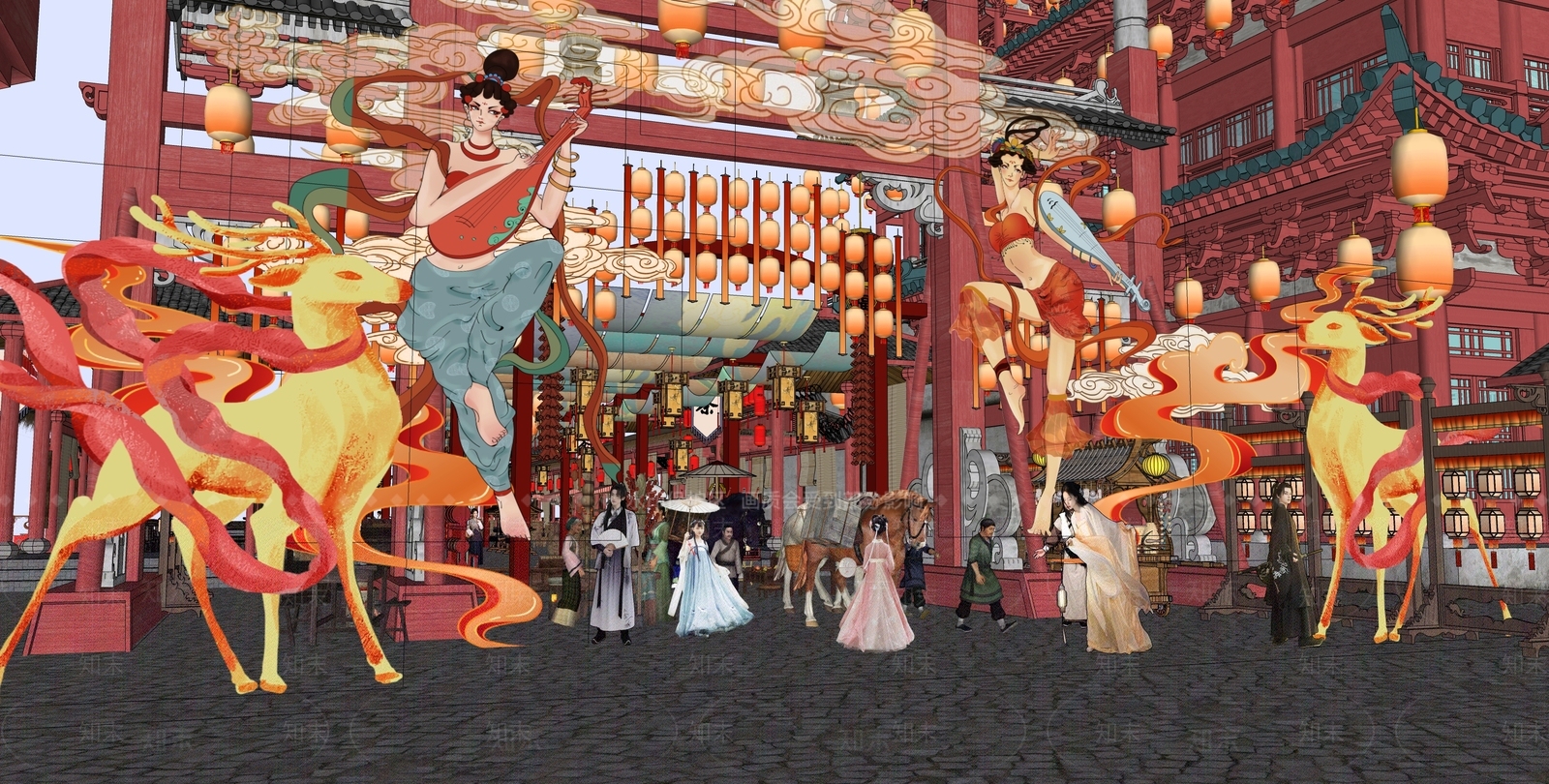 新中式国潮古风灯会集市牌坊集市SU模型下载【ID:1161137651】