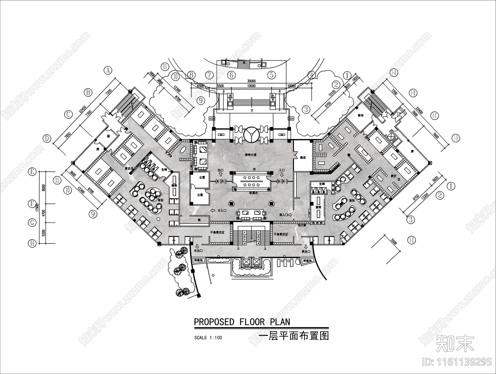 酒店两层洗浴中心平面布局方案施工图下载【ID:1161139295】