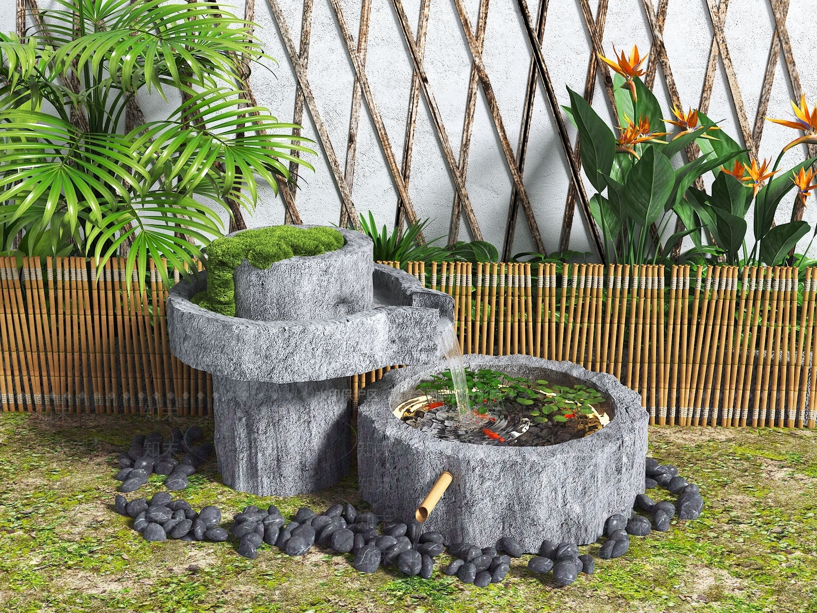 新中式流水景观小品3D模型下载【ID:1161141254】