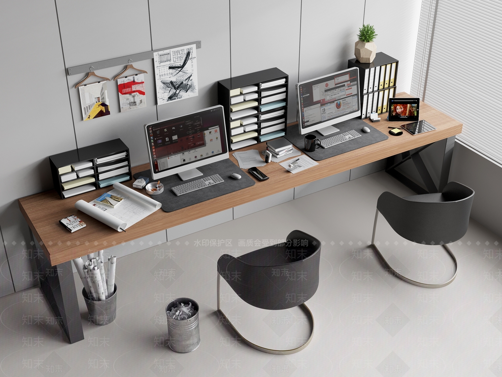 现代双人电脑办公桌椅SU模型下载【ID:1161152167】