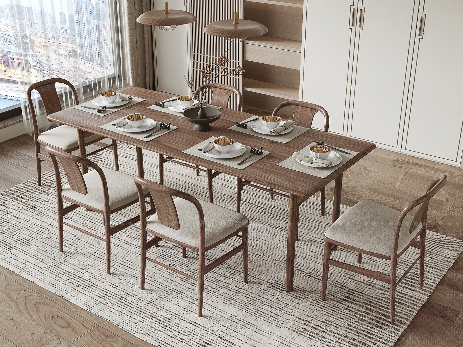 新中式餐桌椅组合3D模型下载【ID:1161159624】