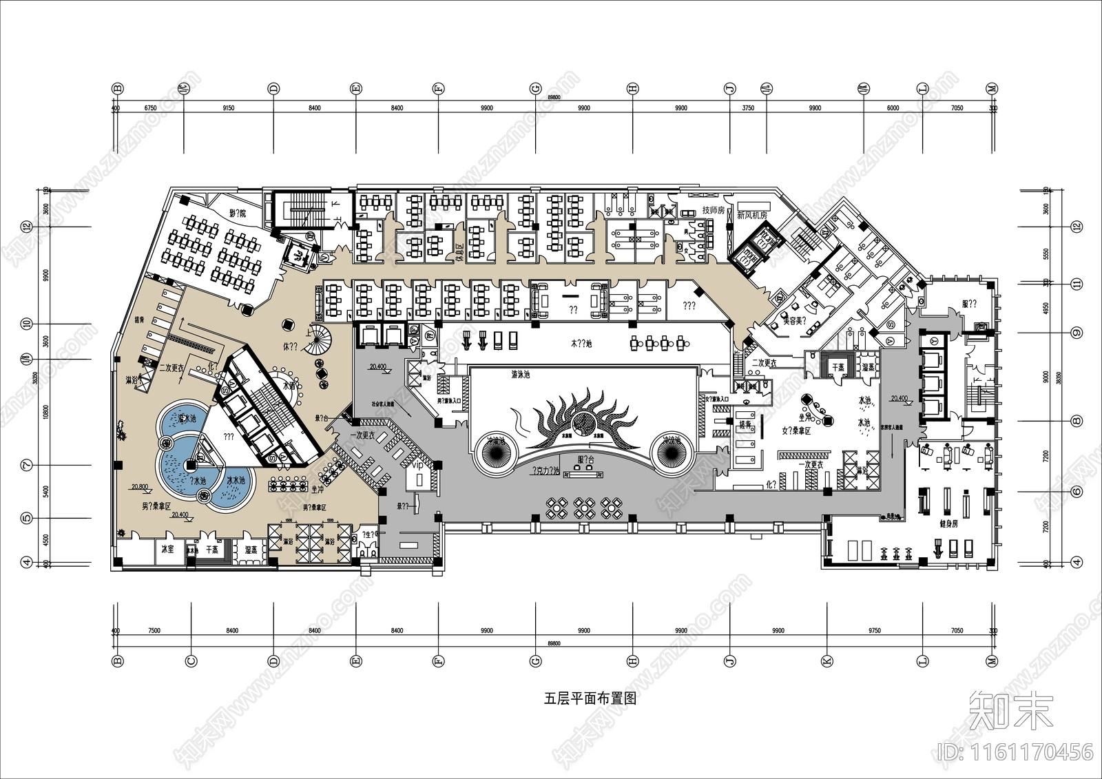 酒店4000㎡洗浴中心平面布局方案施工图下载【ID:1161170456】