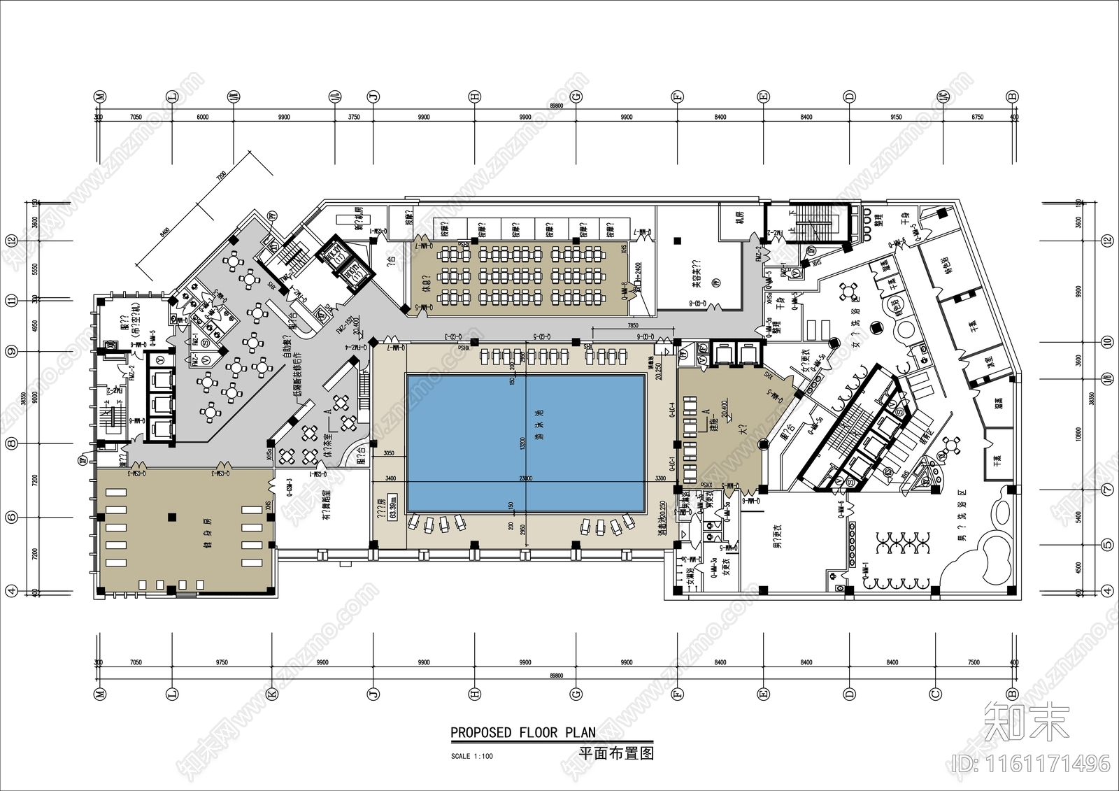 酒店3000㎡游泳洗浴中心平面布局图施工图下载【ID:1161171496】