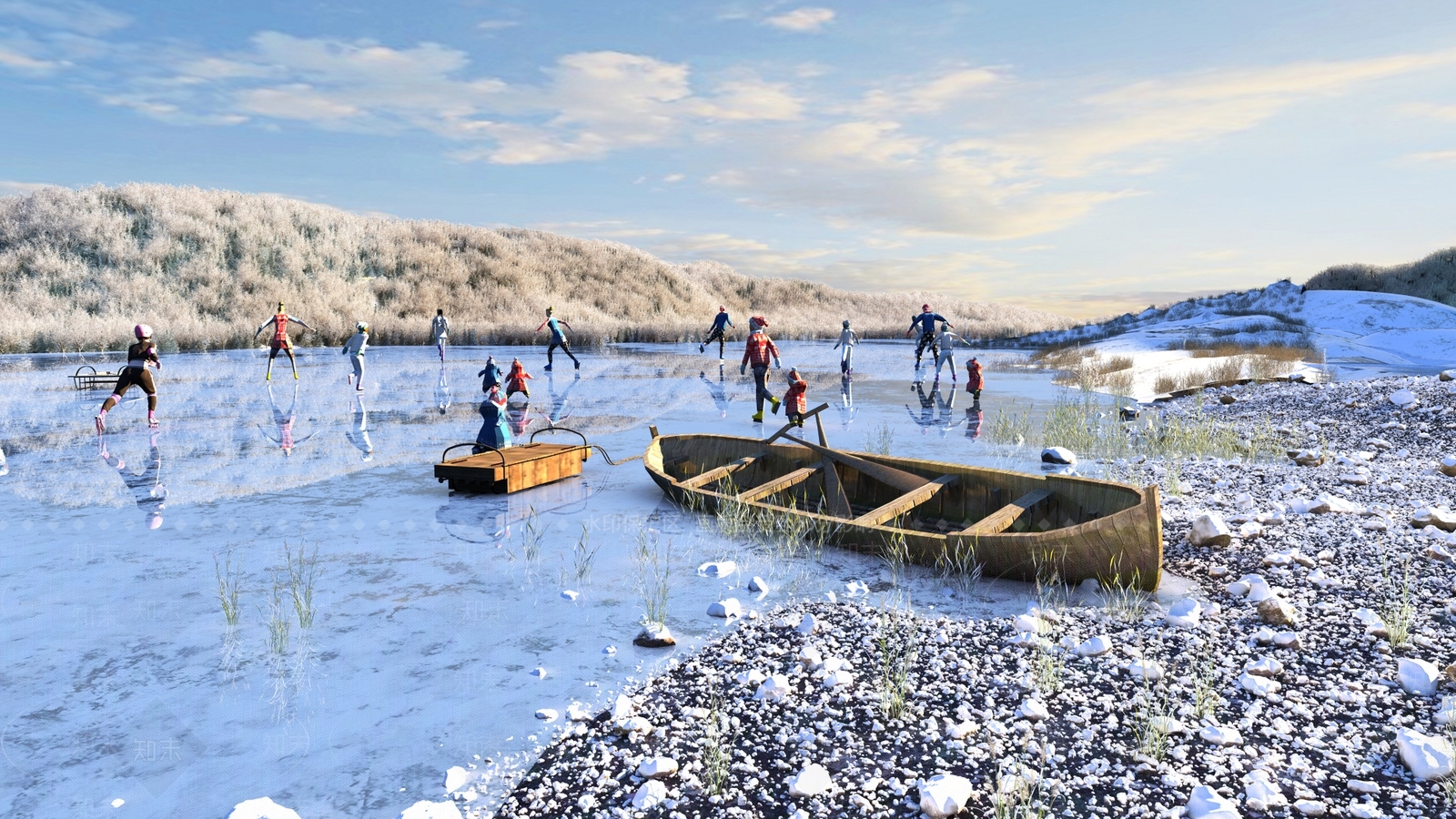 现代冬景湖泊滑冰场景3D模型下载【ID:1161180198】