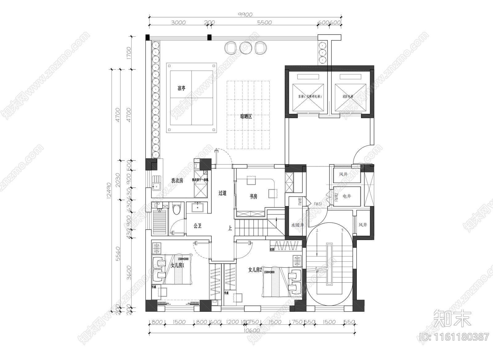 家装顶层复式平面图cad施工图下载【ID:1161180387】