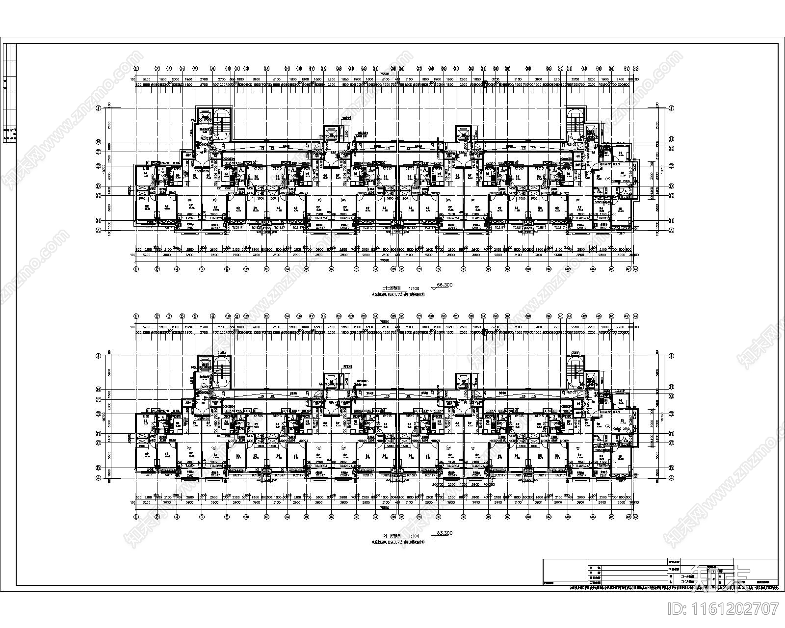 一梯两户四个单元高层商品房建筑设计cad施工图下载【ID:1161202707】