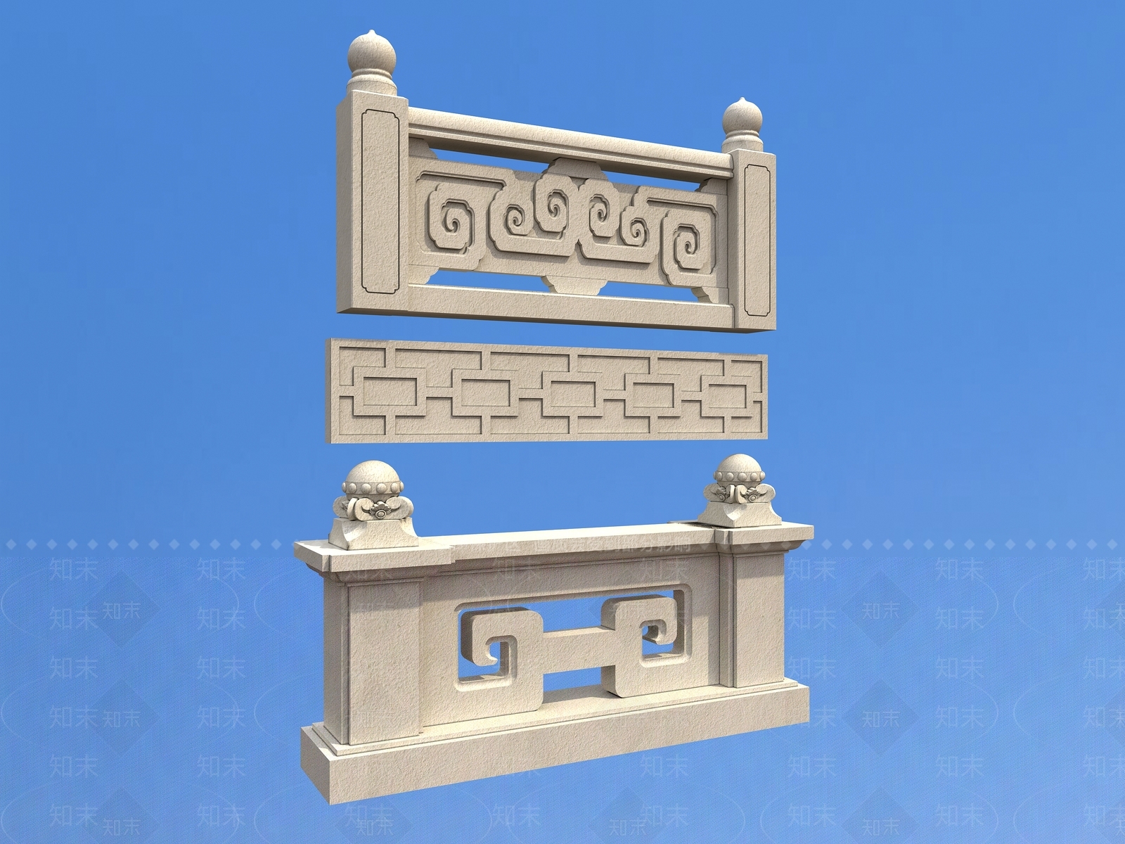 新中式石材栏杆3D模型下载【ID:1161222148】