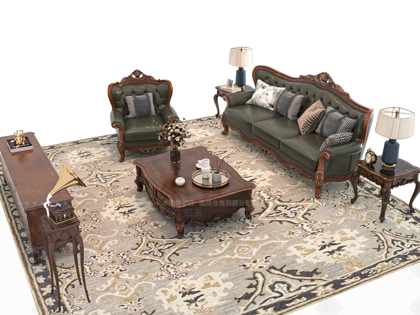 欧式古典沙发茶几组合3D模型下载【ID:1161228150】