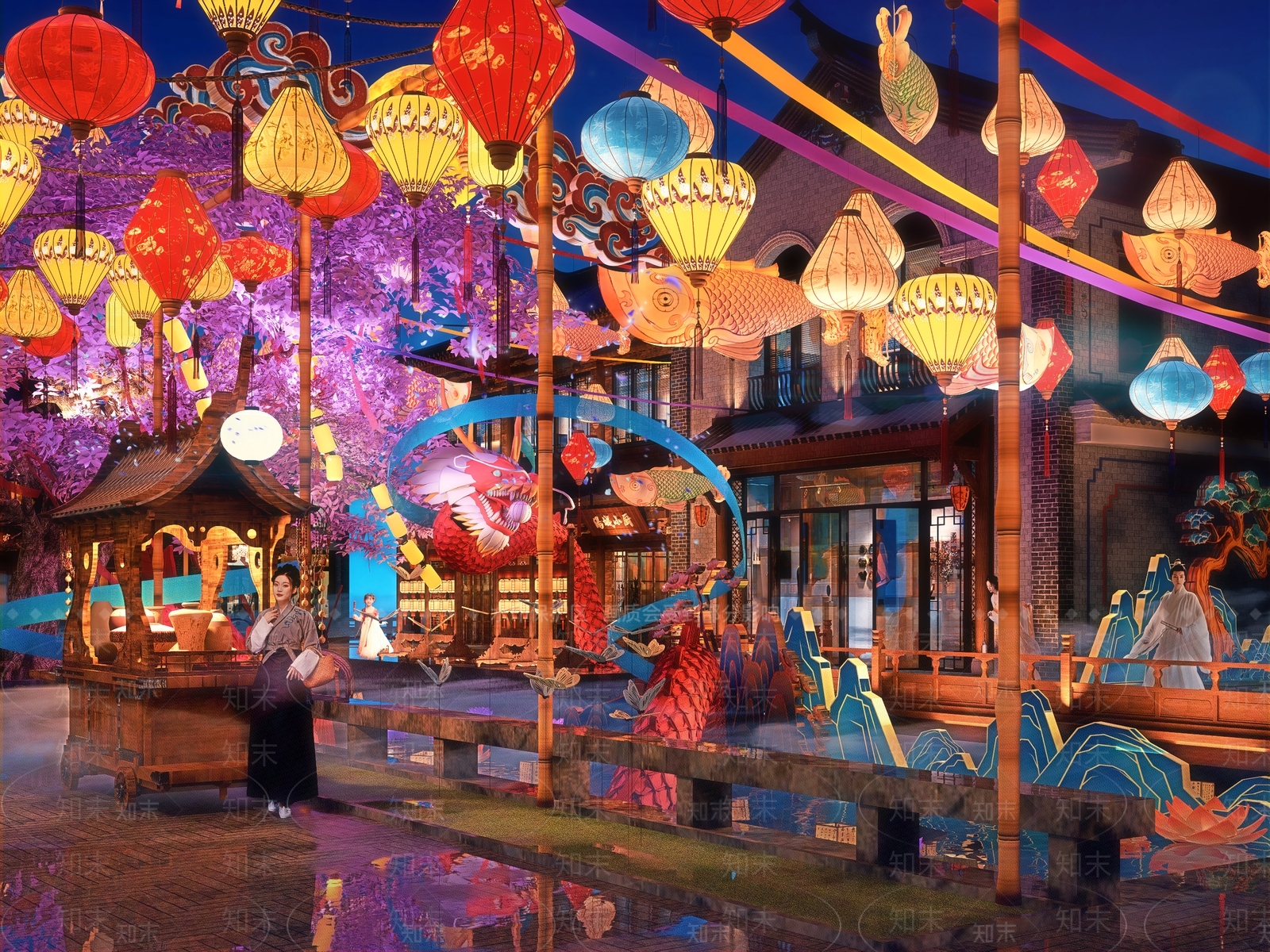 中式古镇滨水商业街灯会国潮集市美陈SU模型下载【ID:1161233500】