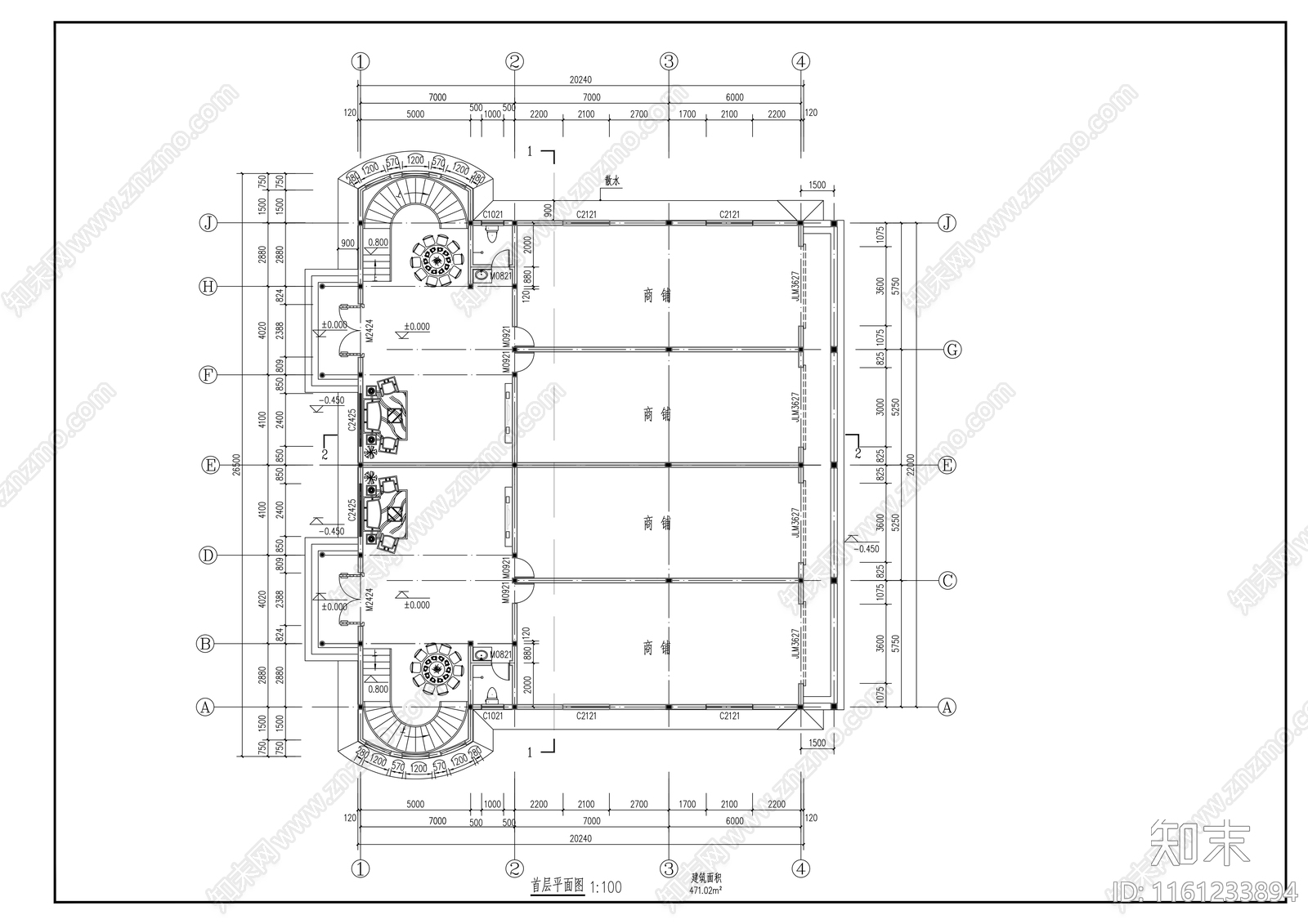 三层沿街商住楼建筑方案图cad施工图下载【ID:1161233894】