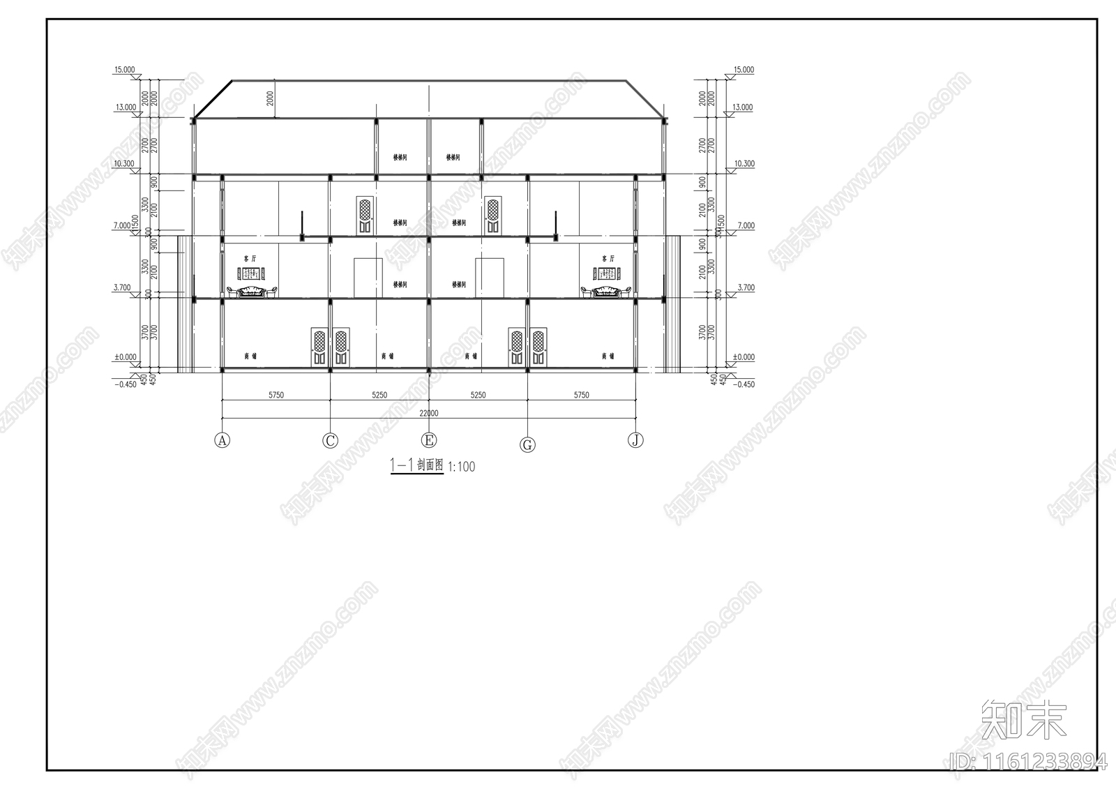 三层沿街商住楼建筑方案图cad施工图下载【ID:1161233894】