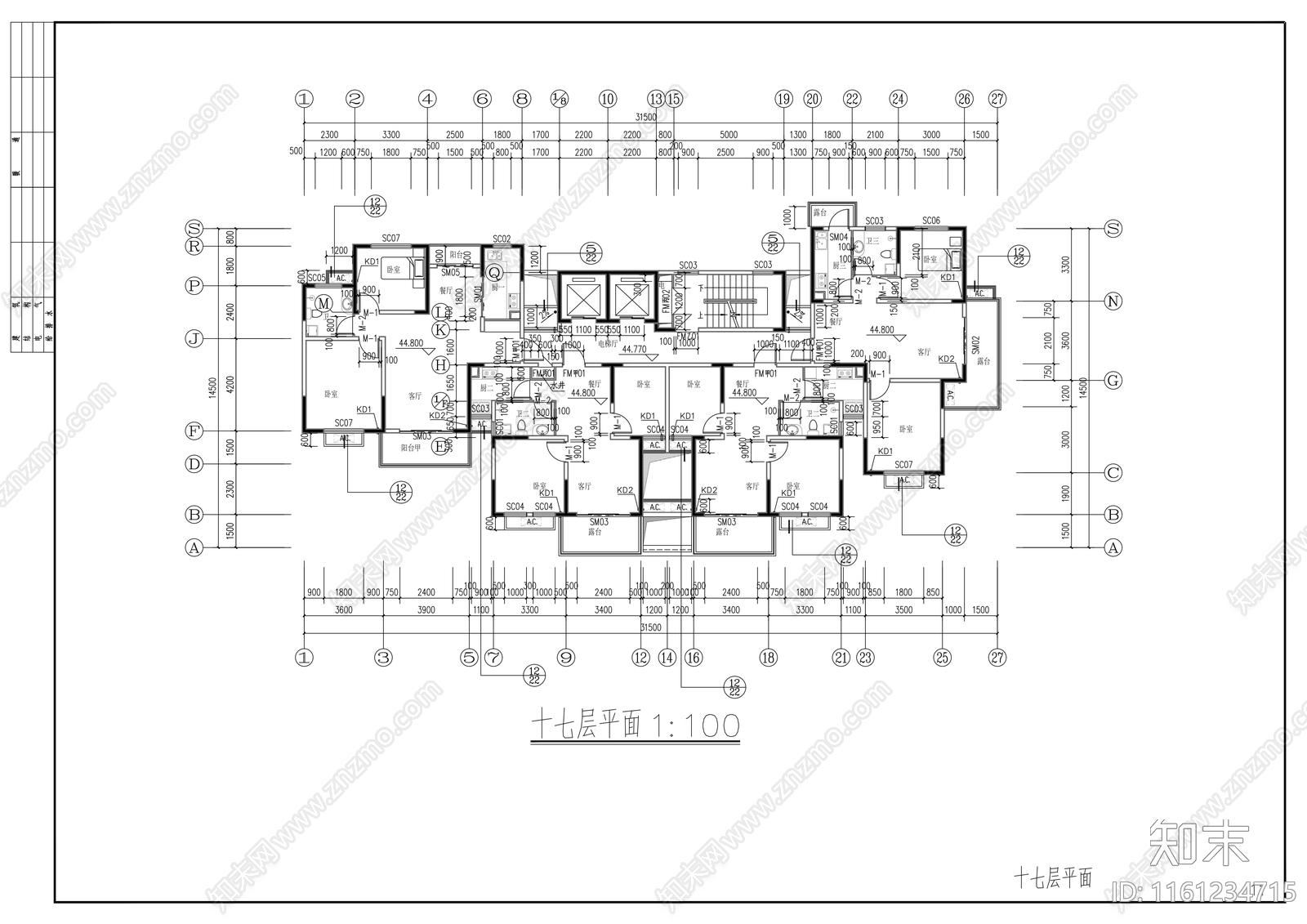 十七层一梯四住宅楼建cad施工图下载【ID:1161234715】