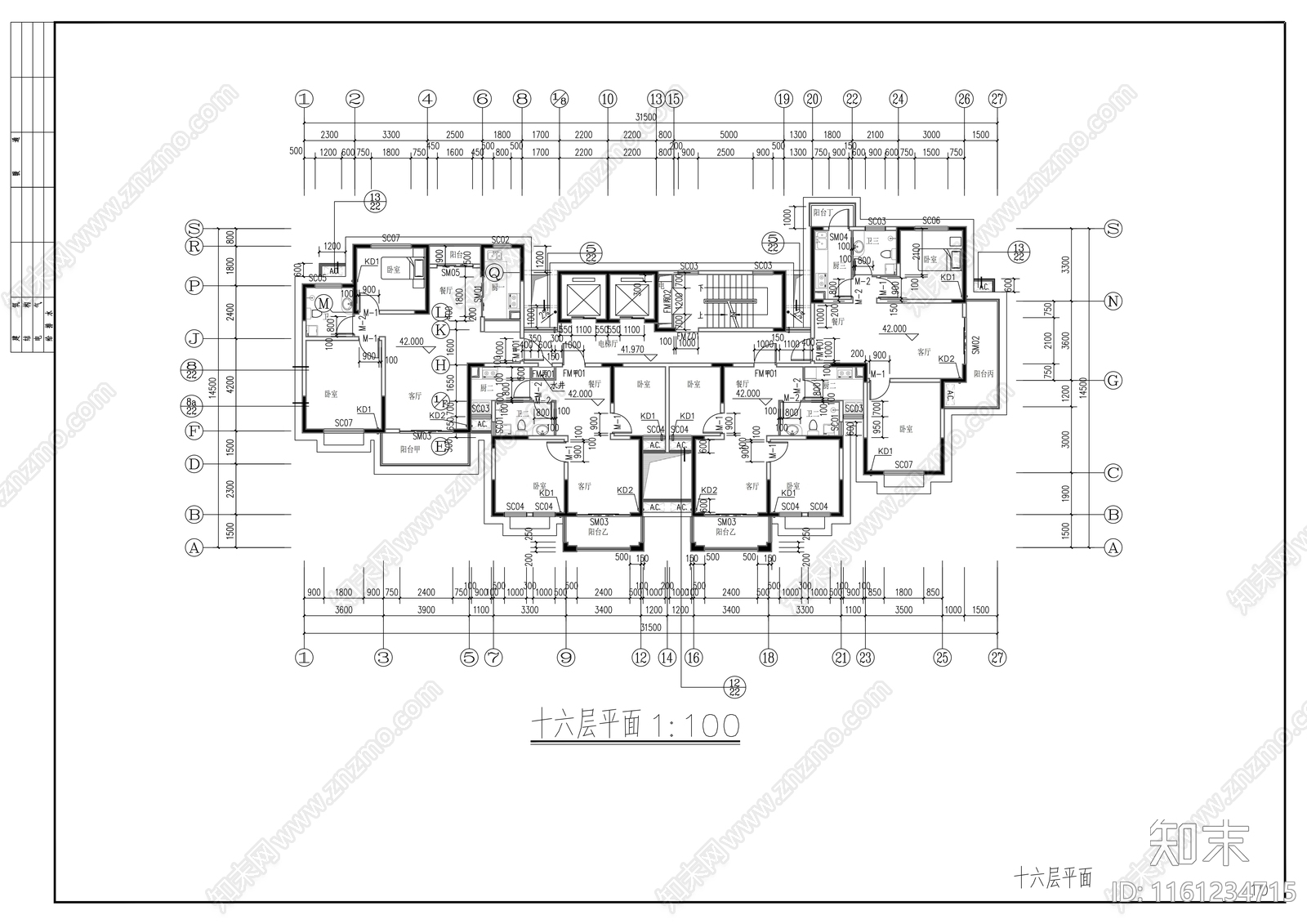 十七层一梯四住宅楼建cad施工图下载【ID:1161234715】