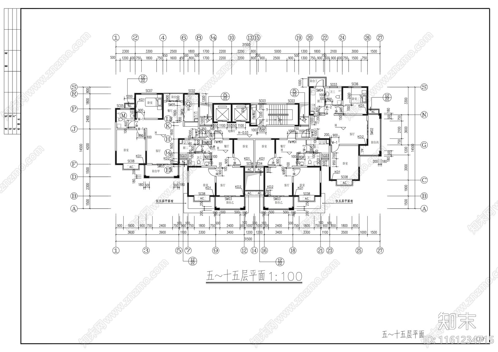 十七层一梯四住宅楼建cad施工图下载【ID:1161234715】