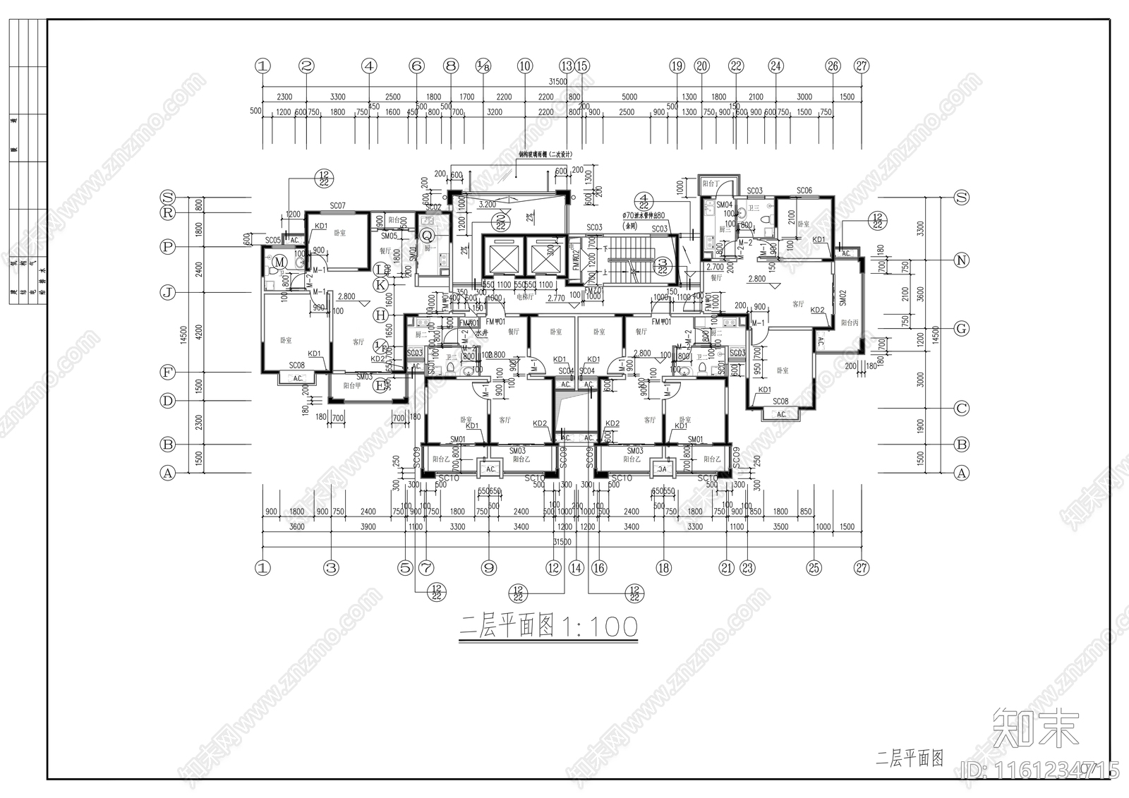 十七层一梯四住宅楼建cad施工图下载【ID:1161234715】