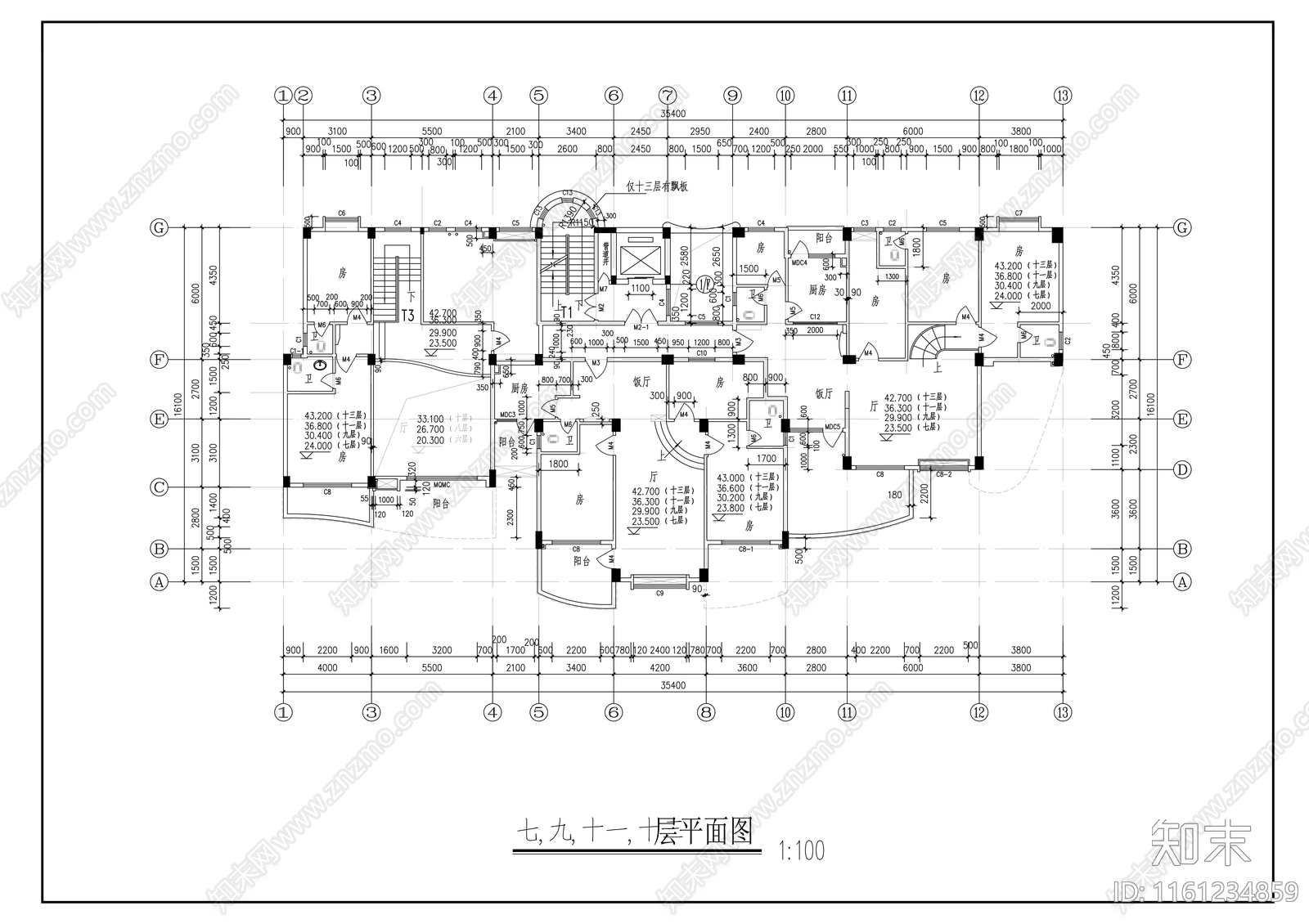 十三层一梯三户高层住宅楼建cad施工图下载【ID:1161234859】