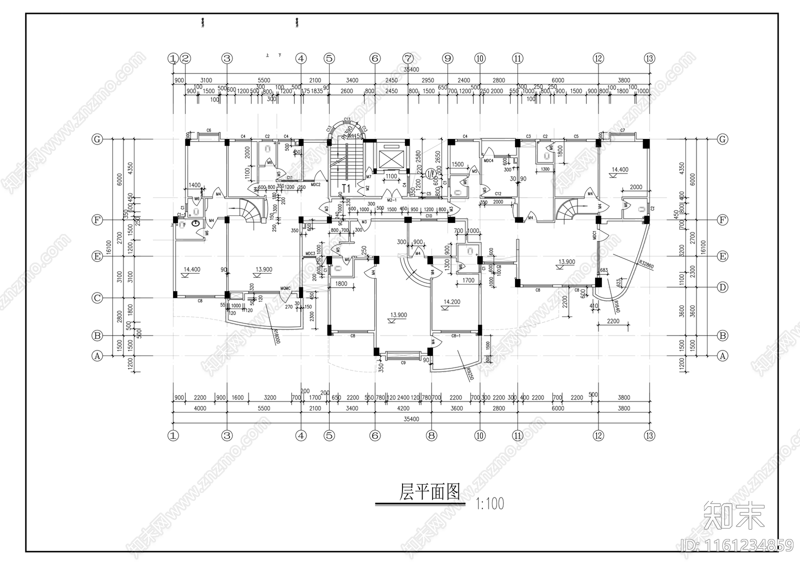 十三层一梯三户高层住宅楼建cad施工图下载【ID:1161234859】