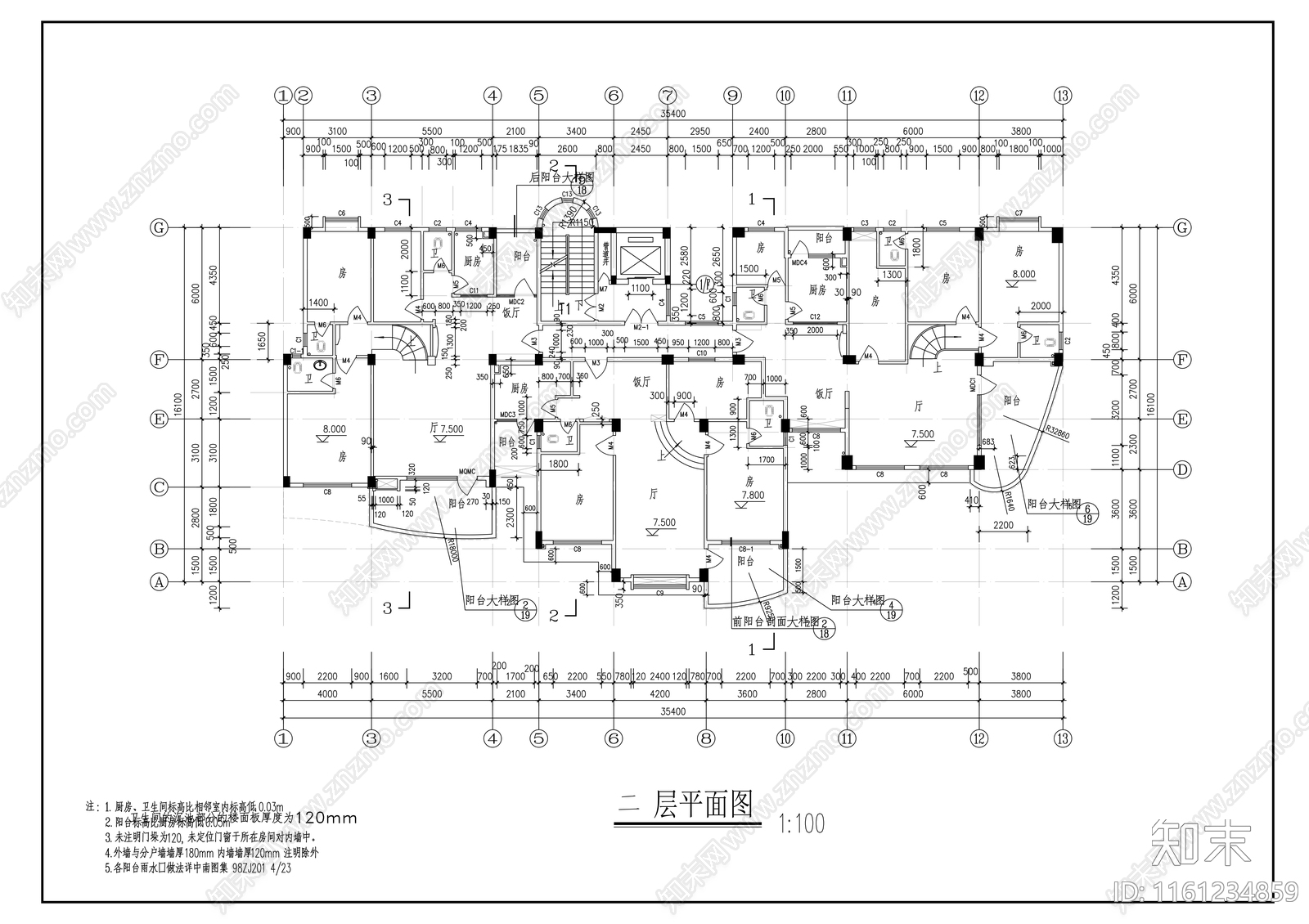 十三层一梯三户高层住宅楼建cad施工图下载【ID:1161234859】