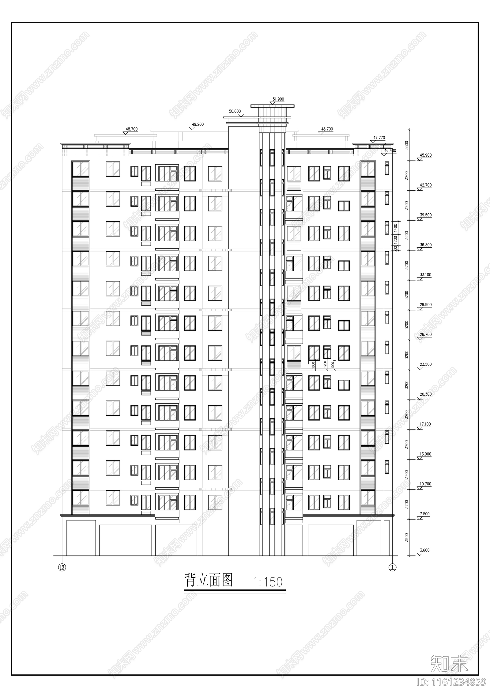 十三层一梯三户高层住宅楼建cad施工图下载【ID:1161234859】