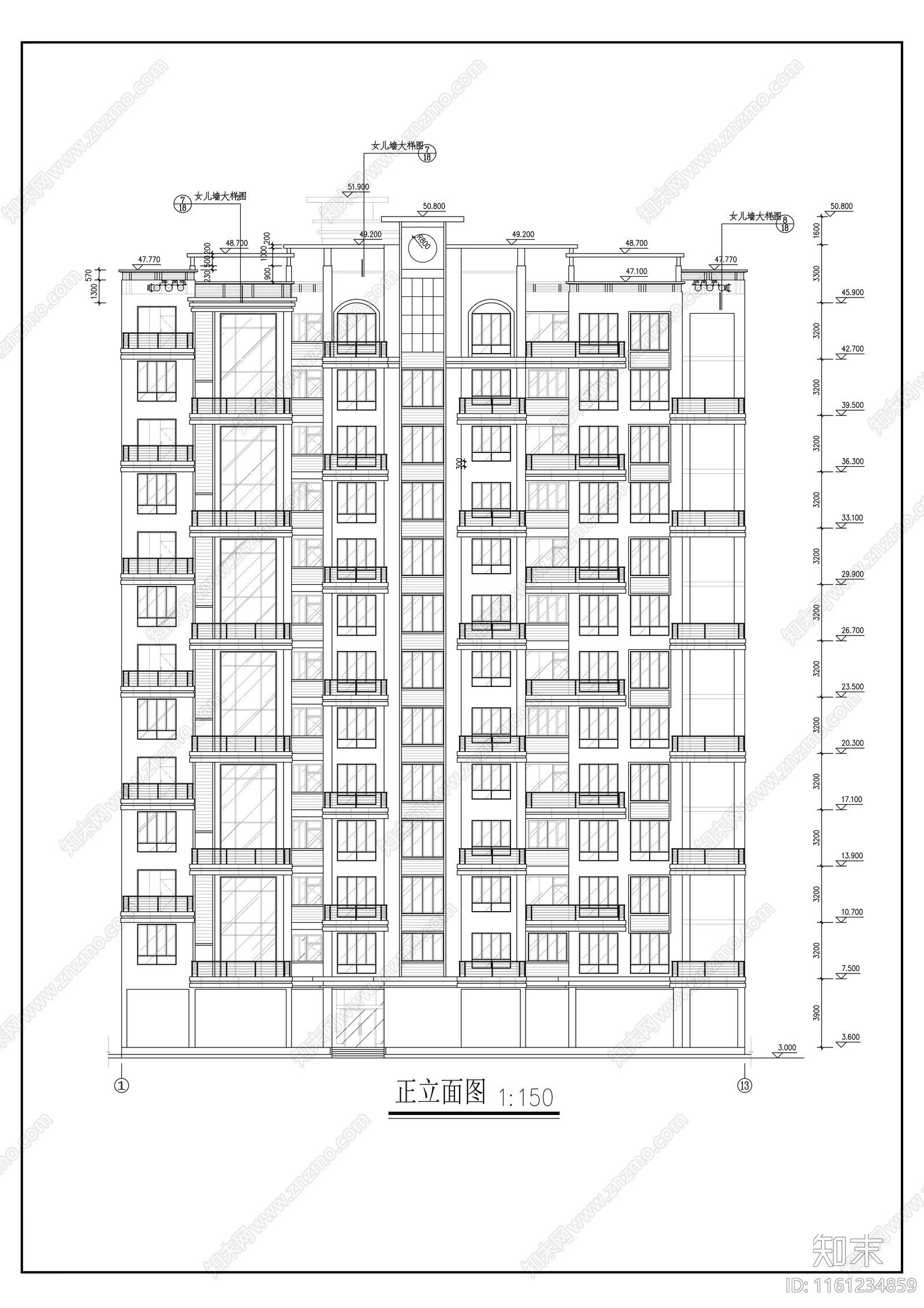 十三层一梯三户高层住宅楼建cad施工图下载【ID:1161234859】