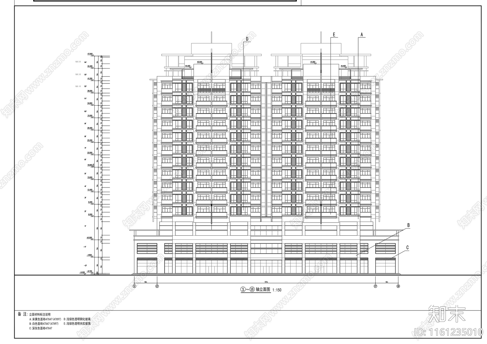 十四层底商住宅楼建cad施工图下载【ID:1161235010】