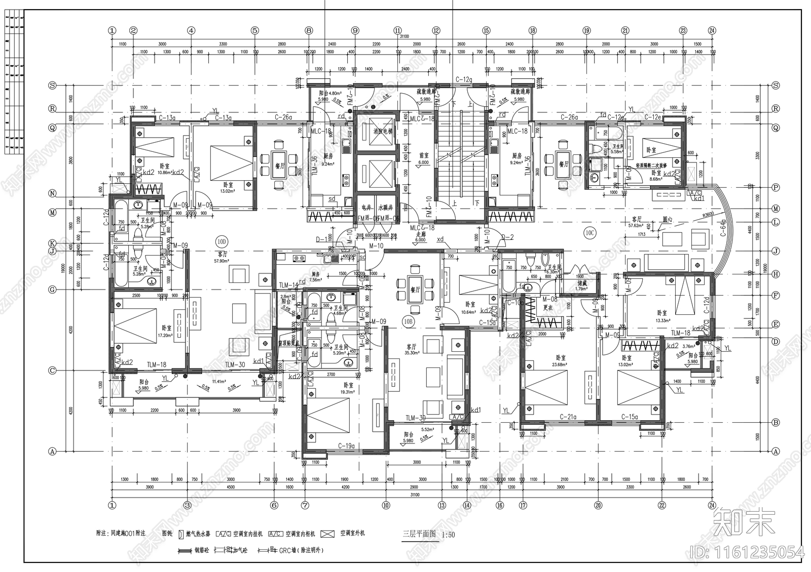 十四层欧式住宅楼建cad施工图下载【ID:1161235054】