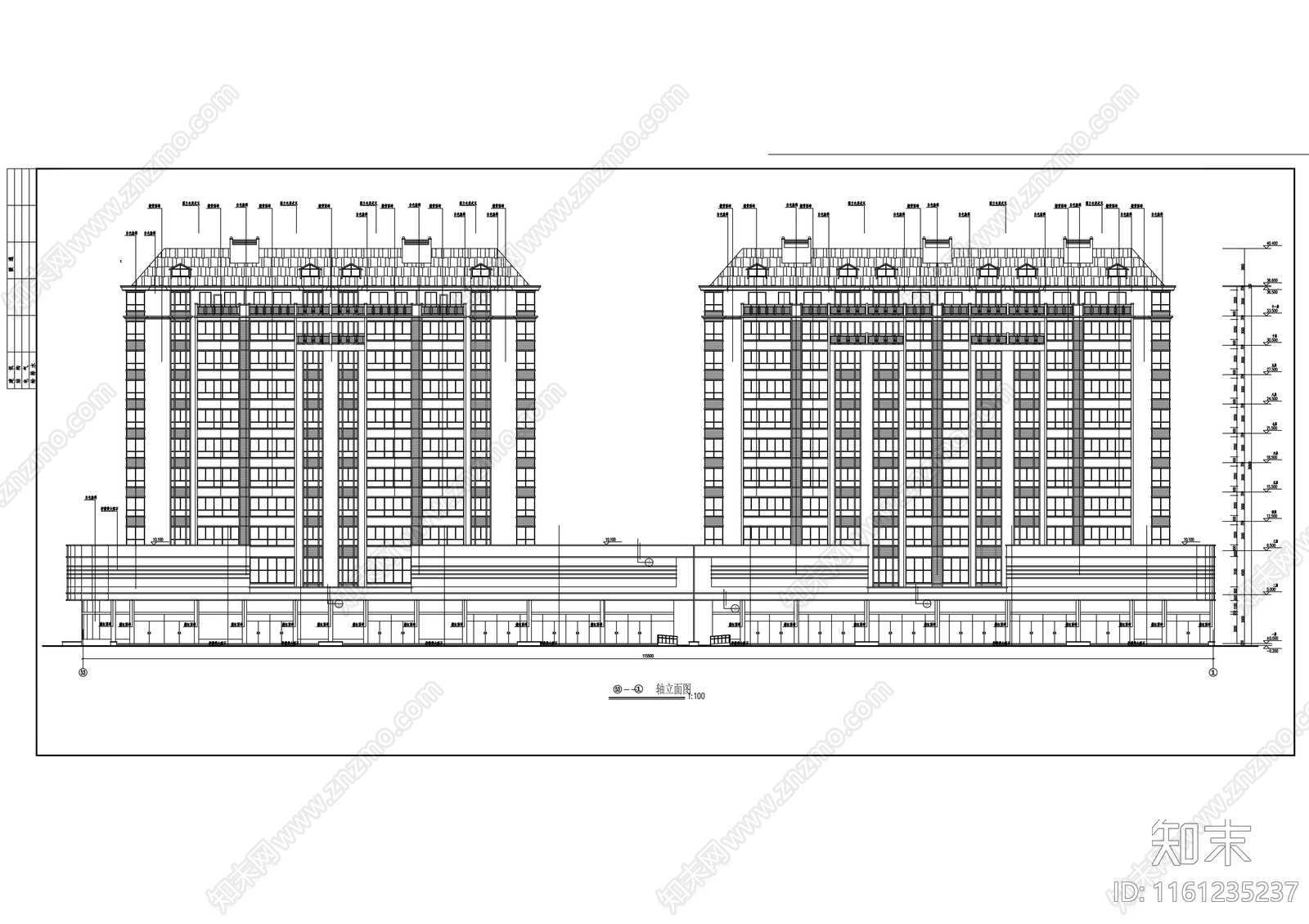 十一层沿街欧式商住楼建cad施工图下载【ID:1161235237】