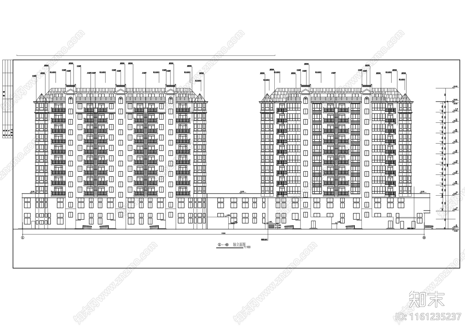 十一层沿街欧式商住楼建cad施工图下载【ID:1161235237】