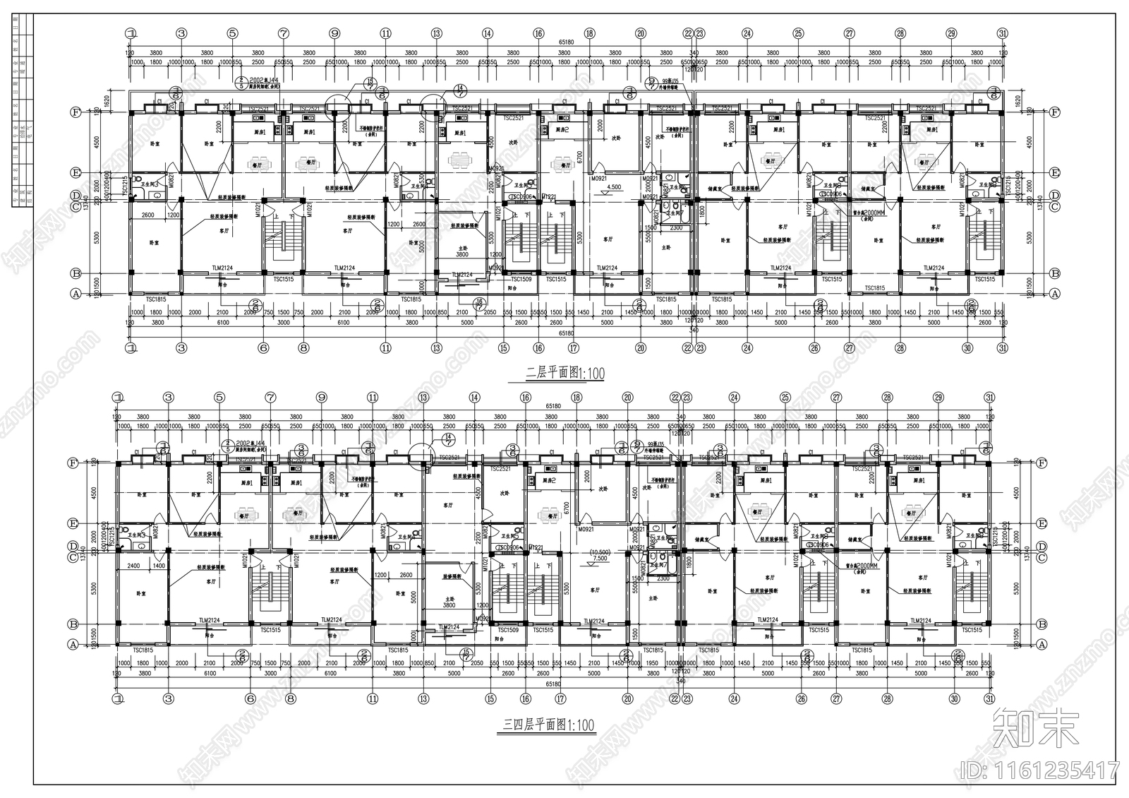 四层商住cad施工图下载【ID:1161235417】