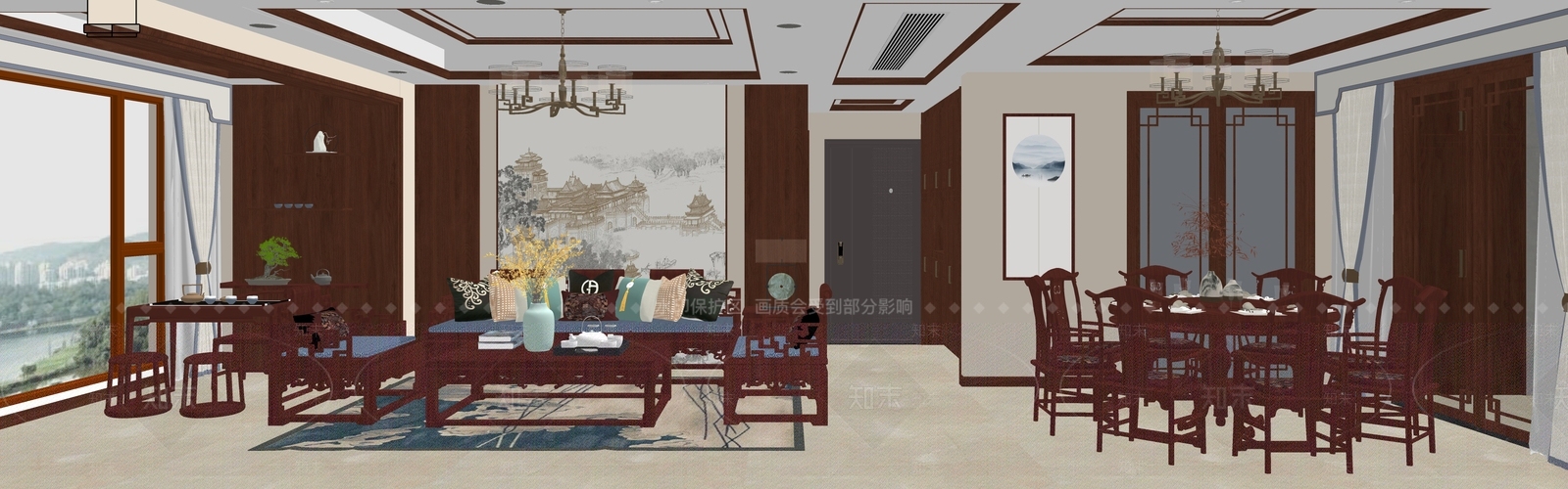 中式多人沙发罗汉床SU模型下载【ID:1227464601】