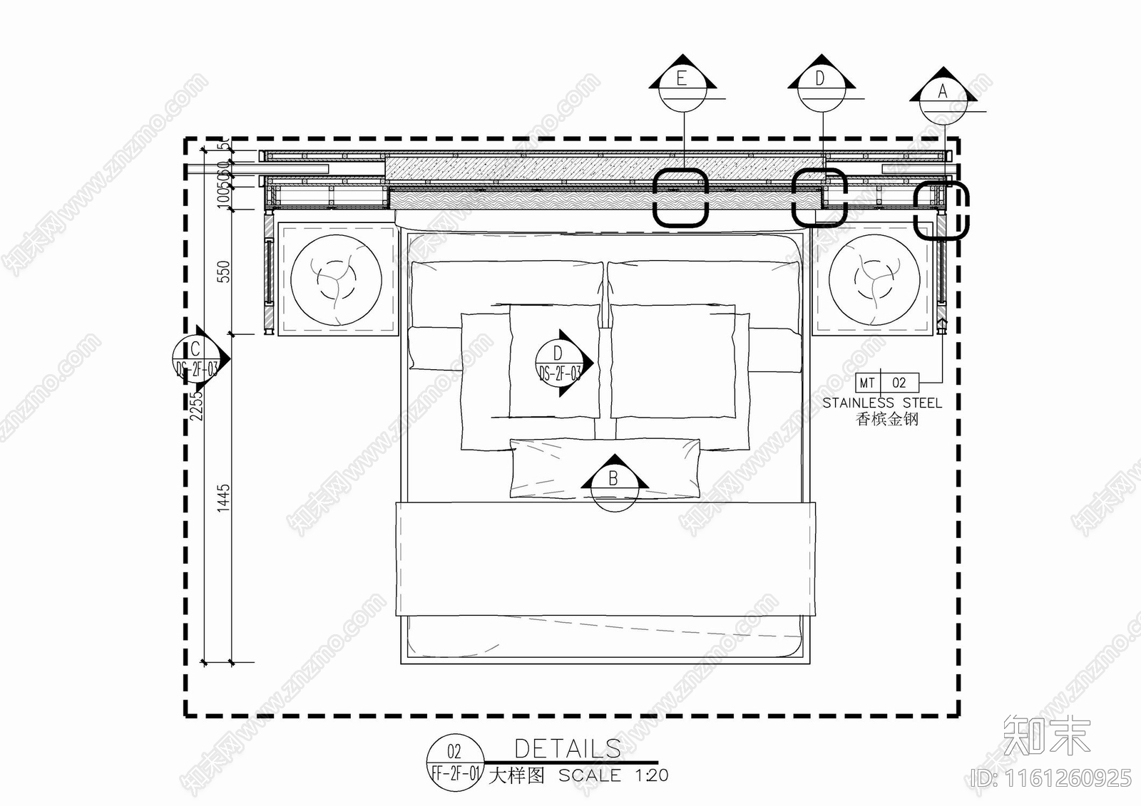 木饰面皮革硬包U字形床背景墙cad施工图下载【ID:1161260925】