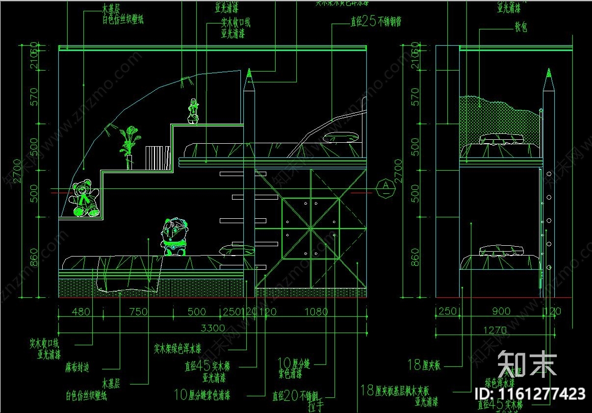 儿童床设计立面cad施工图下载【ID:1161277423】