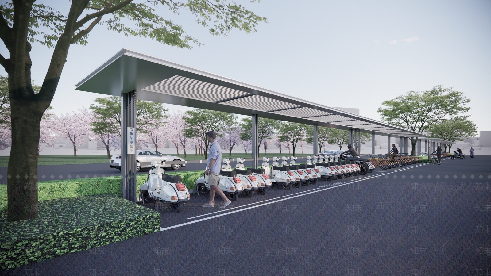 现代户外非机动车停车棚SU模型下载【ID:1161292241】