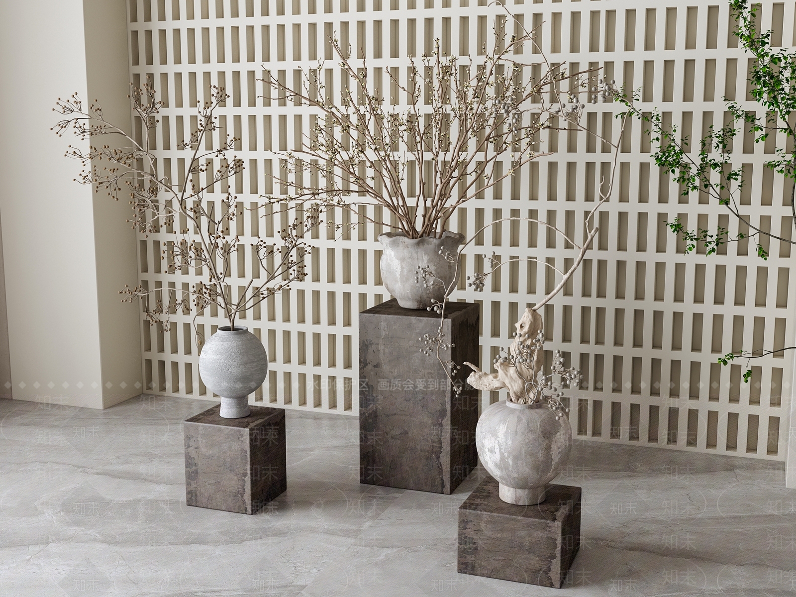 侘寂枯树枝花瓶花艺3D模型下载【ID:1161294794】