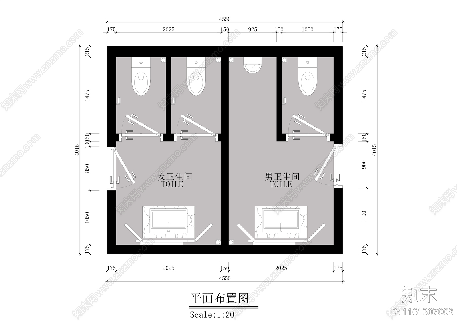 小公共卫生间平面布局施工图下载【ID:1161307003】